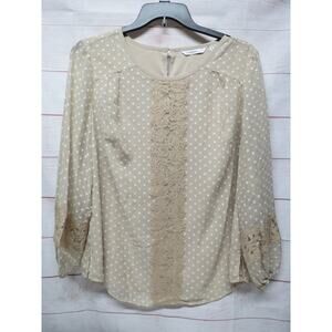 Isaac Mizrahi Live Tan White Polka Dot Blouse with Lace Long Sleeves Size 18w 1x